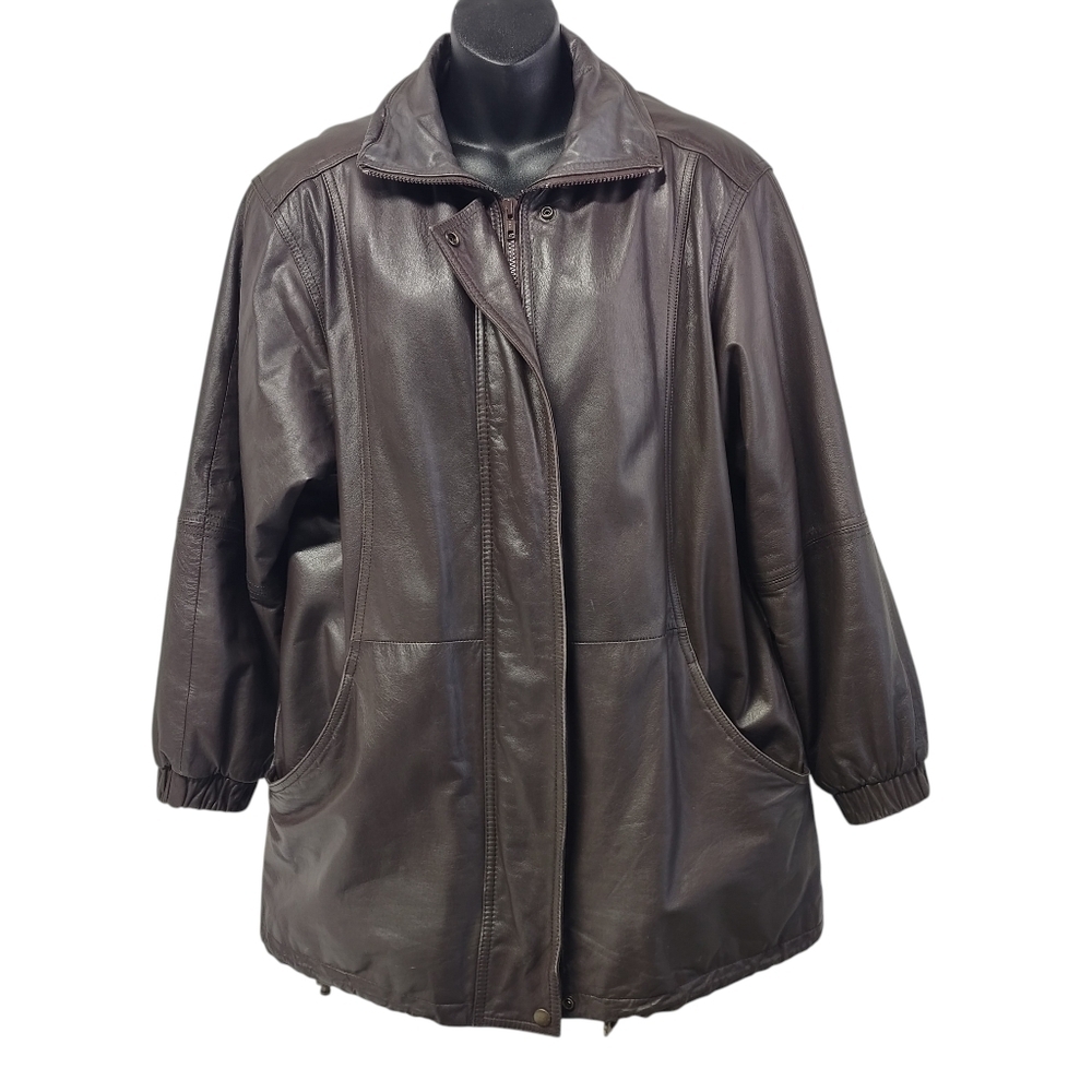 JACQUELINE FERRAR Women’s Brown Full Zip Waist Tie Leather Jacket Coat Size M